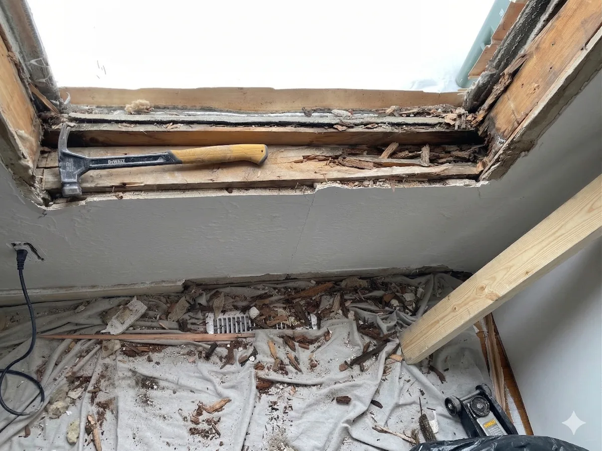 Rotted window sill exposed during installation