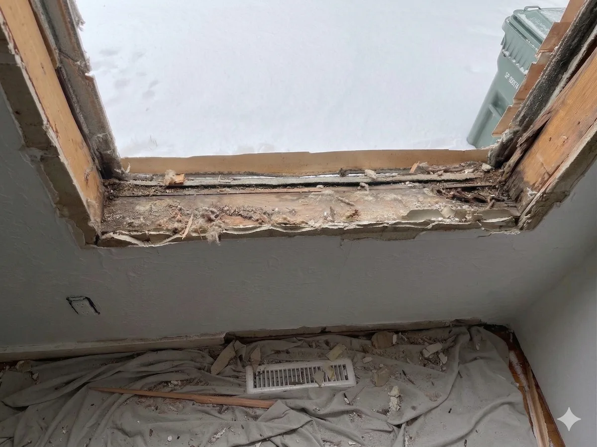 Close-up of deteriorated and crumbling window sill wood
