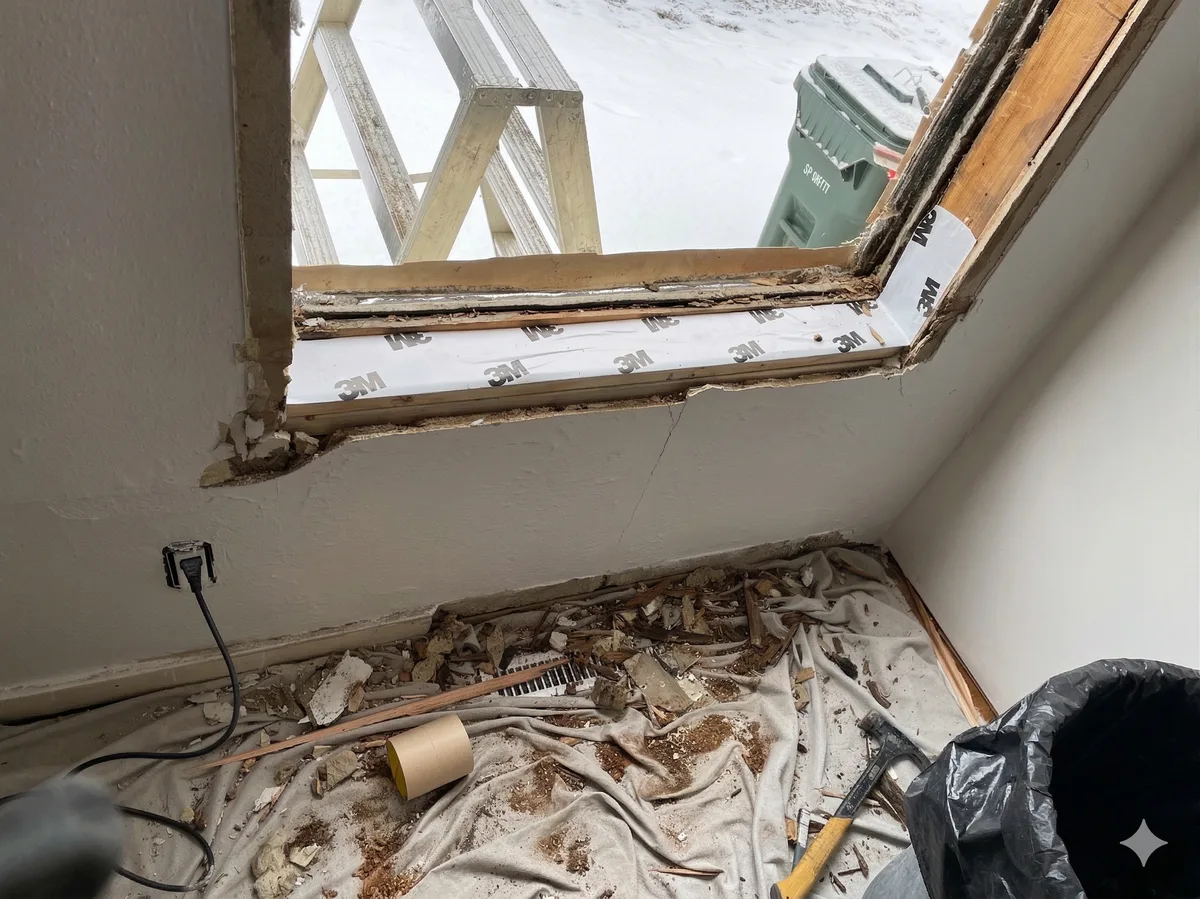 3M waterproofing tape applied to window sill before installation