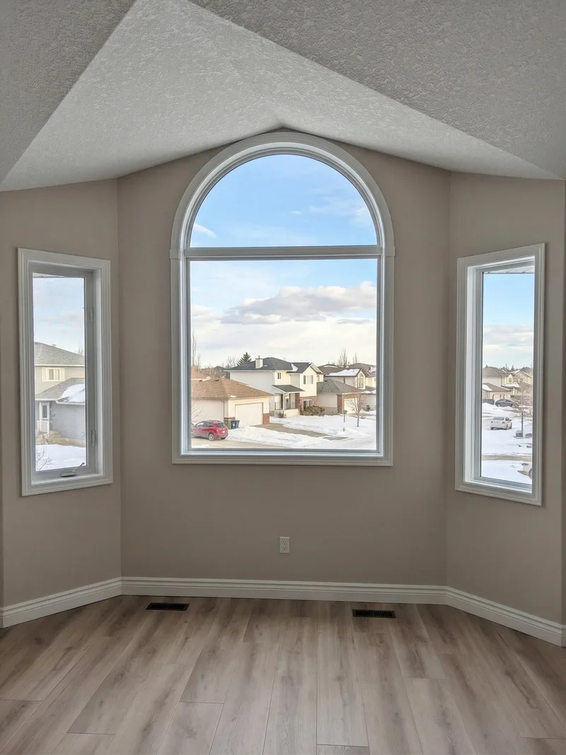 Interior arched window with clean glass