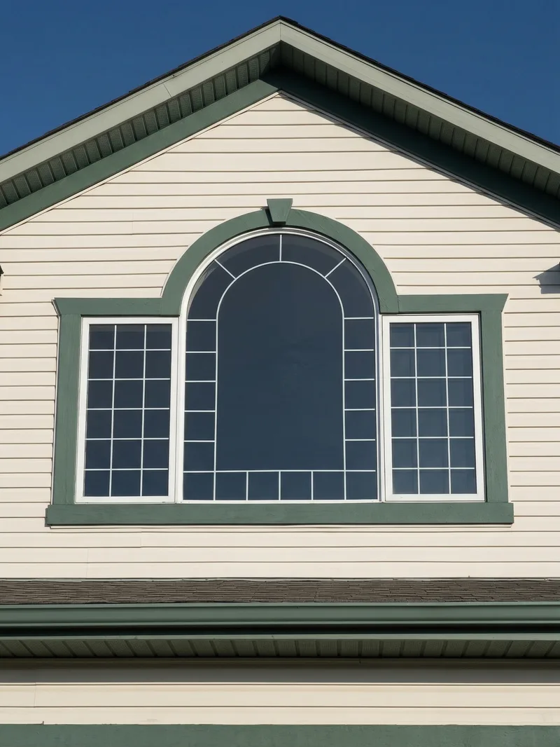 Gable window with green trim and grilles